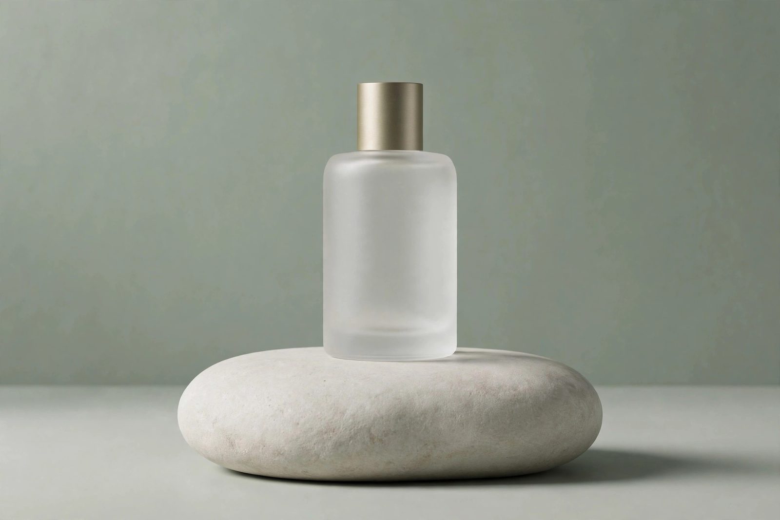 Frosted glass perfume bottle on a stone pedestal with sage green backdrop